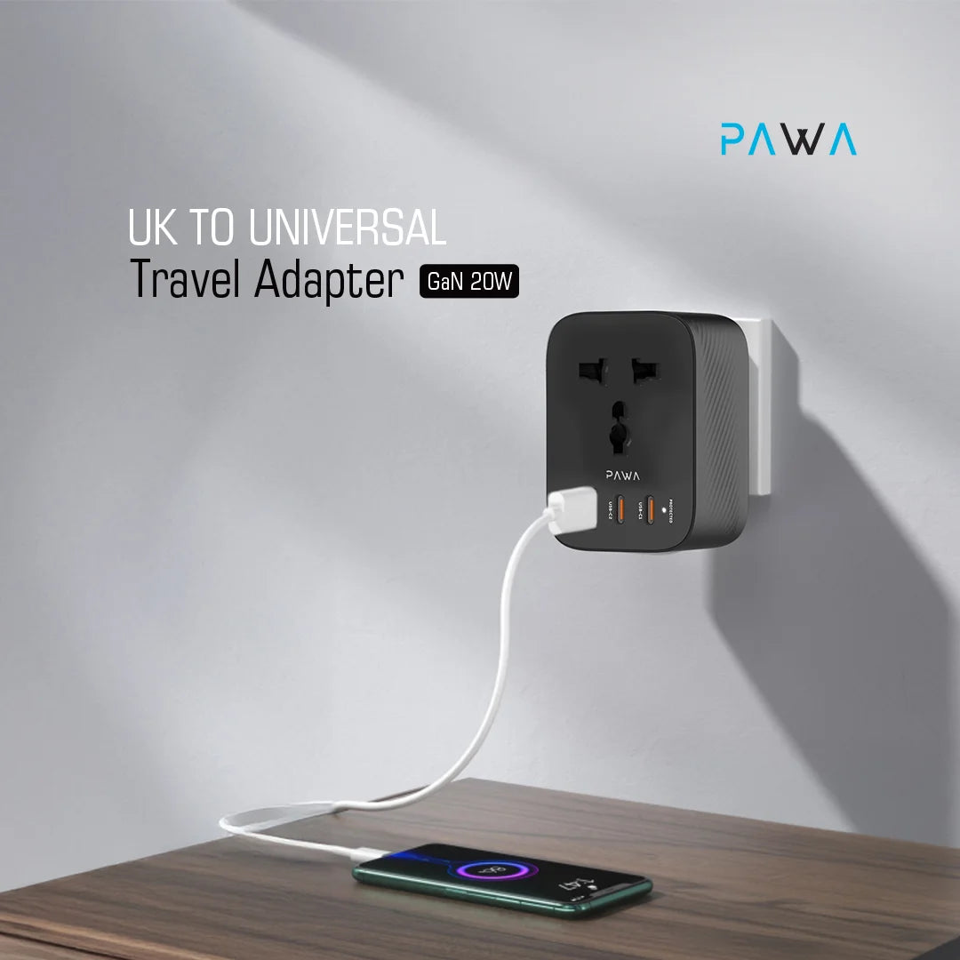 Pawa UK to UNIVERSAL Travel Adapter GAN 20W.(PW-UTAGN204-BK) Pawa UK to UNIVERSAL Travel Adapter GAN 20W.(PW-UTAGN204-BK)
